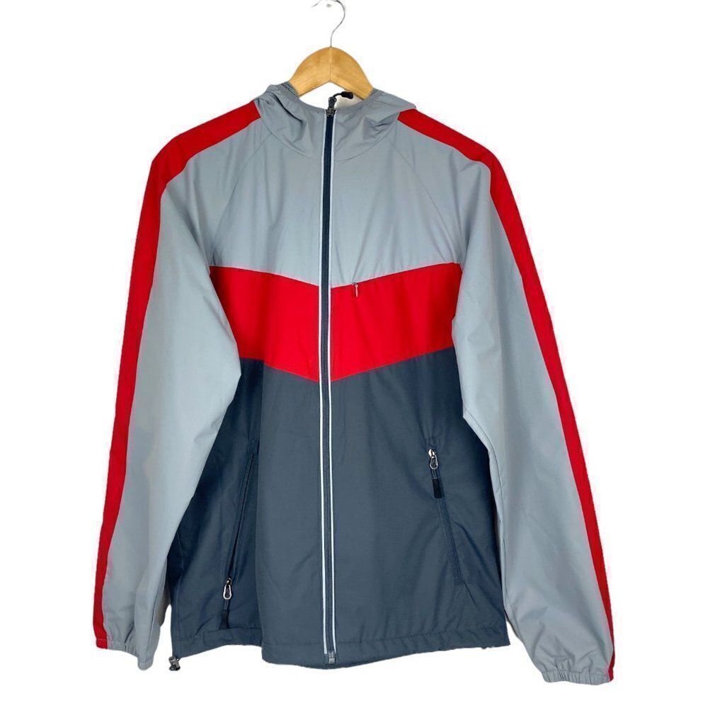 PGA TOUR Men's Red Grey Colorblock Hooded Full Zip Windbreaker Golf Jacket US S